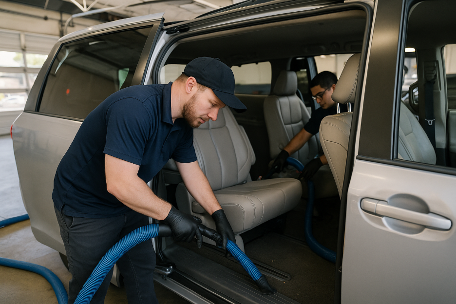 A person vacuuming the inside of a car